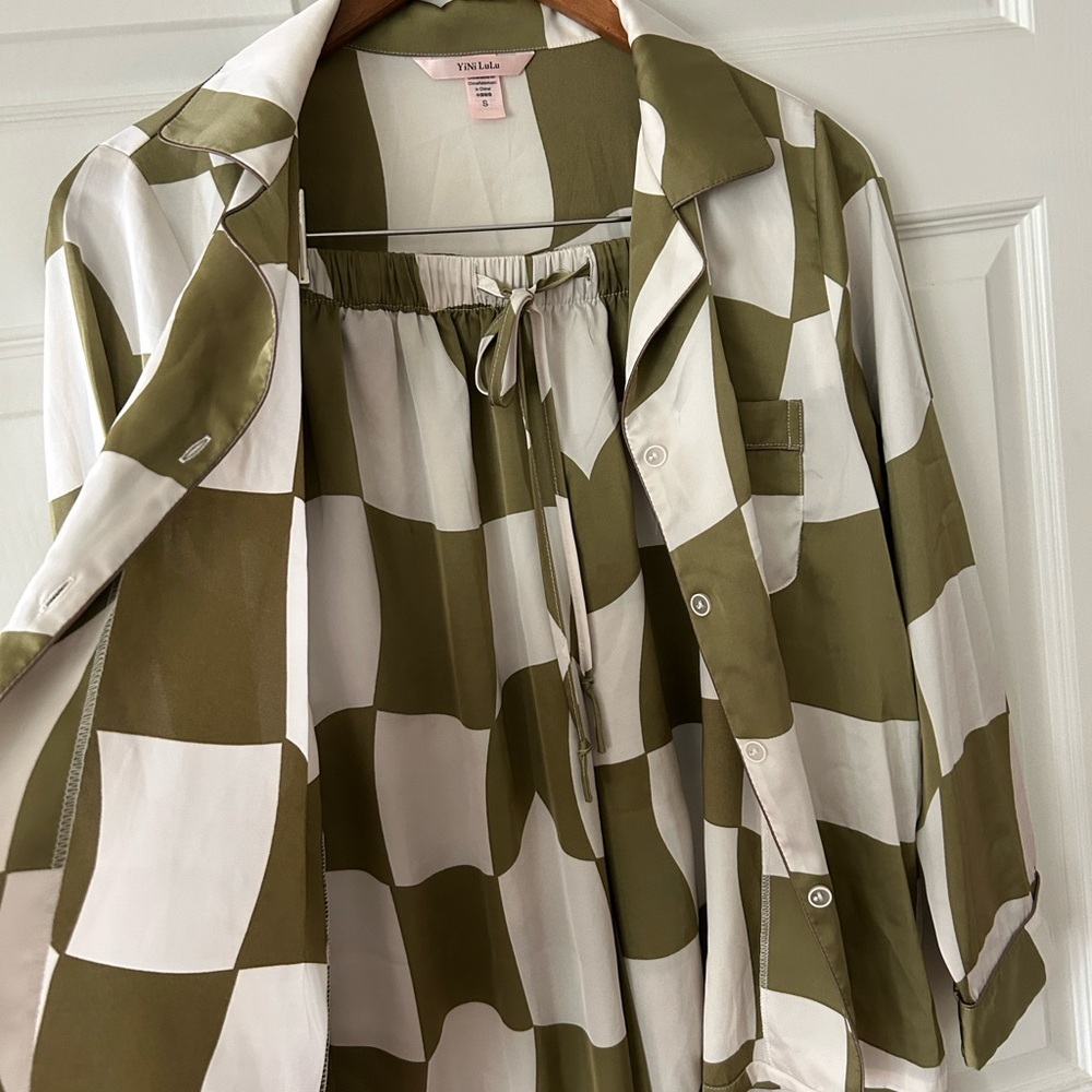 Yini Lulu Green and White Checkerboard Pajama Set Sz S - Picture 8 of 8